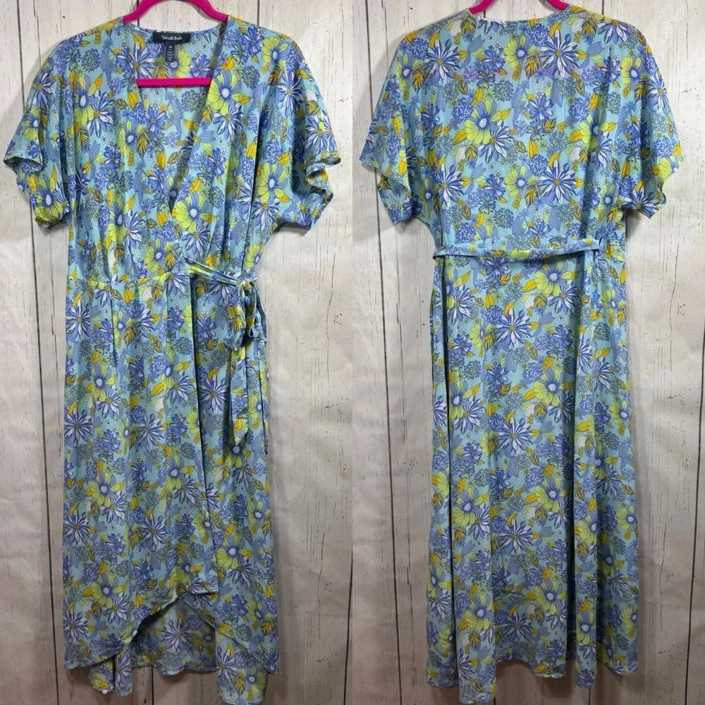 ModCloth Silk Floral Wrap Dress Blue Yellow Cottagecore Romantic Midi Feminine M